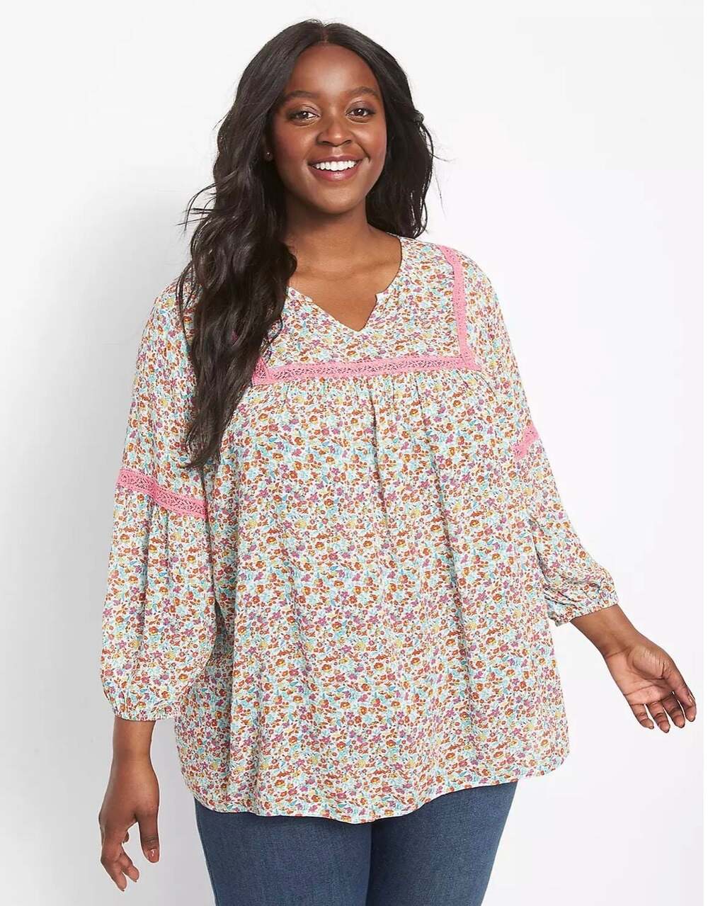 Lane Bryant NWT‎ Plus Size 14/16 (1X) Colorful Floral Crochet Trim Rayon Peasant